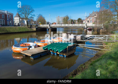 ZWOLLE, NETHERLANDS - MARCH 22, 2015: Recreational boats in a canal of the hanseatic city of zwolle, netherlands Stock Photo