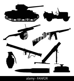 A collection of typical weapons of war in silhouette over a white background Stock Vector