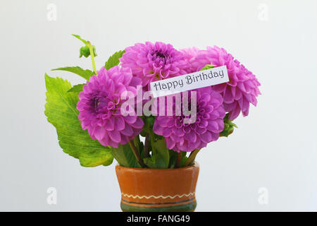 Happy Birthday card with pink dahlia bouquet Stock Photo