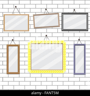 Set of picture frames on brick wall template. Photo empty, image show, pattern stonewall. Vector art abstract unusual fashion il Stock Photo