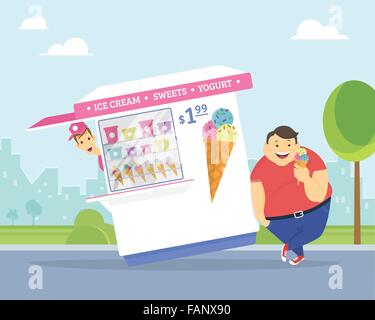 Happy fat man eating ice cream in the park Stock Vector