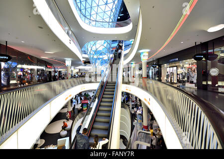 Longest self-supporting escalator in Europe, shopping center MyZeil, architect Massimiliano Fuksas, Palaisquartier Stock Photo