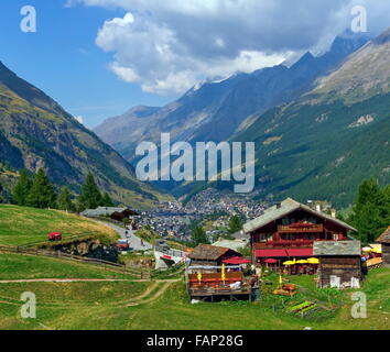 View on chalets and Zermatt village by day Stock Photo