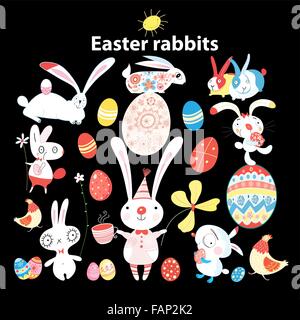 funny set of Easter bunnies and eggs on a dark background Stock Vector