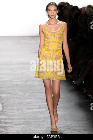 New York, NY - September 15, 2015: A model walks the runway at the Dennis Basso fashion show during NYFW S/S 2016 Stock Photo