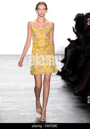 New York, NY - September 15, 2015: A model walks the runway at the Dennis Basso fashion show during NYFW S/S 2016 Stock Photo