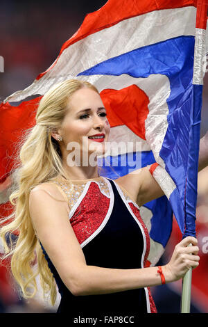 January 01, 2016 - Ole Miss Rebels cheerleader performing for the fans during the game between the Ole Miss Rebels and the Oklahoma State Cowboys at the Mercedes-Benz Superdome in New Orleans, LA. Stephen Lew/CSM Stock Photo