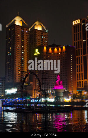 Night view of high rises by Love River in downtown Kaohsiung, Taiwan Stock Photo