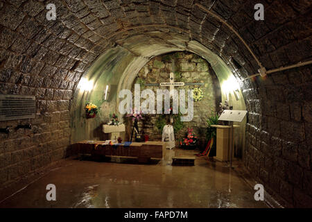 German memorial chapel (German soldiers were buried behind the wall) inside Fort de Douaumont, Verdun, Lorraine, France. Stock Photo