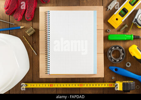 work tools and instruments on wooden background Stock Photo