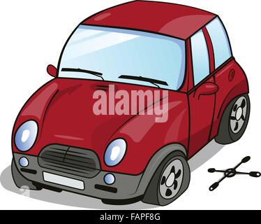 Vector cartoon illustration of a small red car with a broken wheel and wrench lying near the car Stock Vector