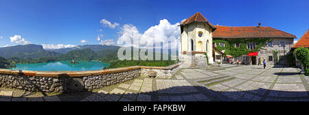 BLED, SLOVENIA - MAY 24, 2014: Panoramic view of Bled Castle above the lake Bled, Julian Alps, Slovenia Stock Photo