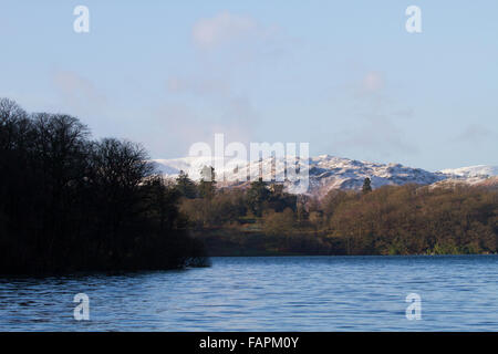 View to Wray Castle across Windermere in winter Stock Photo