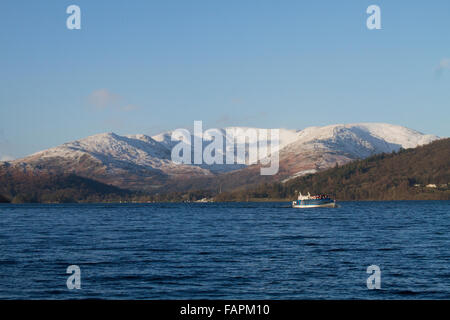 View to Ambleside across Lake Windermere in winter Stock Photo