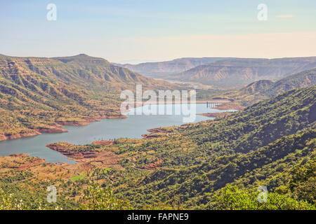 View of Krishna River Valley and Dhom Dam from Krishnabai Temple, Mahabaleshwar, Maharashtra, India Stock Photo