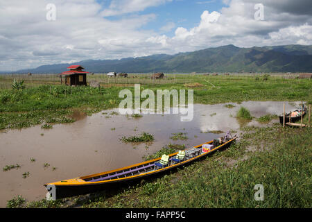 A tour boat moored by Inle Lake in Myanmar (Burma). Stock Photo