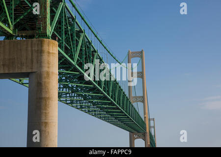 The Mackinac Suspension Bridge opened in 1957 over the Straits of Mackinac in upper Michigan Stock Photo