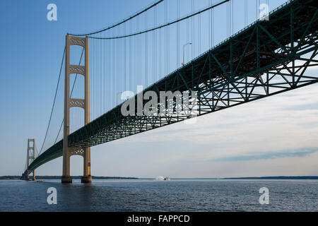 The Mackinac Suspension Bridge opened in 1957 over the Straits of Mackinac in upper Michigan Stock Photo