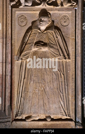 Tombstone, funeral effigy, at entrance to Saint John the Baptist Cathedral at Ostrów Tumski in Wroclaw, Lower Silesia, Poland Stock Photo