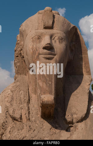 The giant alabaster sphinx outside the Temple of Ptah.in Memphis, which was the ancient capital of Inebu-hedj, the first nome of Lower Egypt. Stock Photo