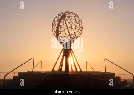 Globe on the North Cape platform Nordkapplatået, midnight sun, Nordkapp, Magerøya, Finnmark County, Norway Stock Photo
