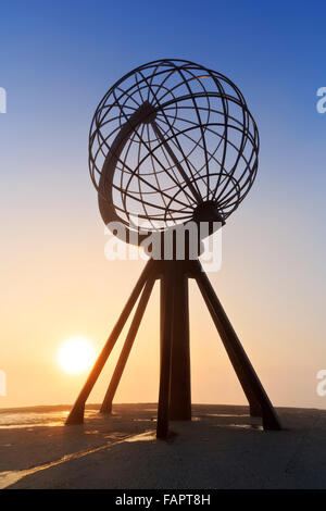 Globe on the North Cape platform Nordkapplatået, midnight sun, Nordkap, Magerøya, Finnmark County, Norway Stock Photo