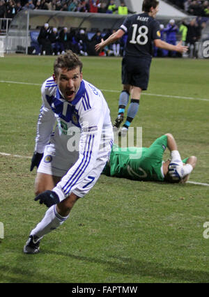 KYIV, UKRAINE - MARCH 10: Andriy Shevchenko of Dynamo Kyiv reacts after he scored a goal during UEFA Europa League game against FC Manchester City on March 10, 2011 in Kyiv, Ukraine Stock Photo