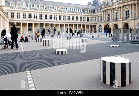 Les Deux Plateaux, Colonnes de Buren an controversial art installation by Daniel Buren at Palais Royal. Paris, France.