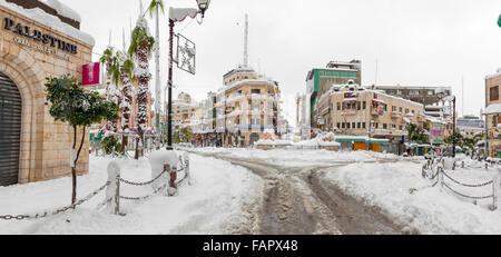 Al manara square covered in snow in Ramallah, Palestine