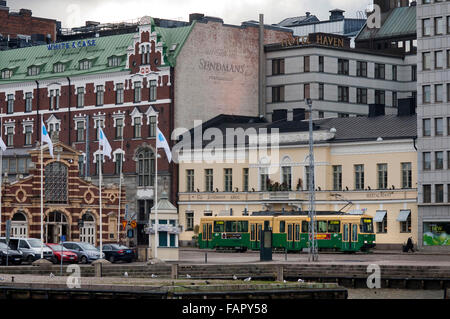General view of the Helsinki city with the tram, market, from the Eteläranta street. Stock Photo