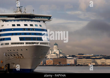 Olympia Laituri pier, Helsinki, Finland. From the landing Cruise Olympia (Olympia Laituri) leave many cruises on the Baltic Sea. The Olympia Terminal is located on the south pier and from there ferries of Silja Line to Stockholm, Sweden. From Makasiini Terminal, the Kanavaranta Länsi Terminal Terminal and ferries that go to Tallinn, Estonia. The Hansa Terminal located north pier, operates ferries to Germany. Stock Photo