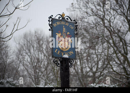 'Borough of Leyton' old sign in snowy scene Stock Photo