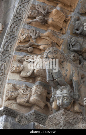 Carved stonework in the portal of St. Mary's Church in Oloron-Sainte-Marie Stock Photo