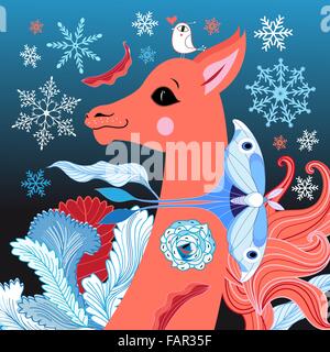 magnificent portrait of a deer on a blue background with snowflakes and butterfly Stock Vector