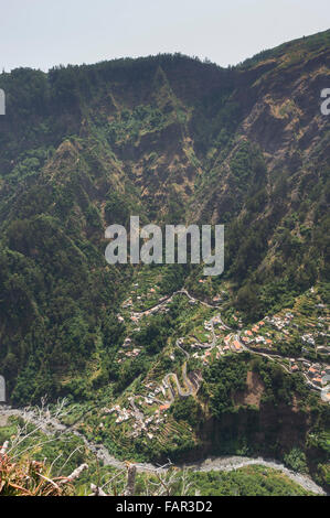 Madeira - Val des Freiras. Hairpin bend roads in the valley below the town of Curral des Freiras. Stock Photo