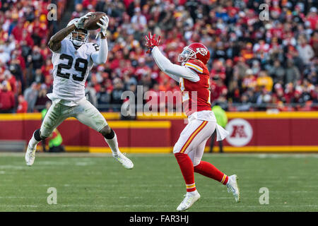 January 3, 2016: Oakland Raiders cornerback David Amerson (29) intercepts a pass and returns it for a touchdown during the NFL game between the Oakland Raiders and the Kansas City Chiefs at Arrowhead Stadium in Kansas City, MO Tim Warner/CSM. Stock Photo
