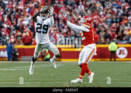 January 3, 2016: Oakland Raiders cornerback David Amerson (29) intercepts a pass and returns it for a touchdown during the NFL game between the Oakland Raiders and the Kansas City Chiefs at Arrowhead Stadium in Kansas City, MO Tim Warner/CSM. Stock Photo