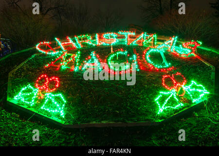 Christmas lights in Victoria Park at night. Cobourg, Ontario, Canada. Stock Photo