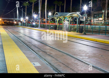 Gaslamp Quarter Trolley Station at night. Downtown San Diego, California, USA. Stock Photo