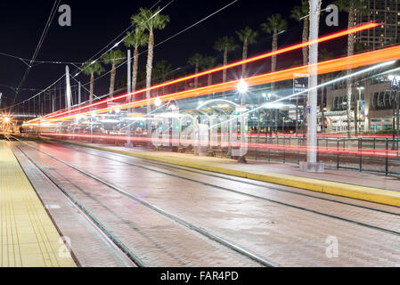 Gaslamp Quarter Trolley Station at night. Downtown San Diego, California, USA. Stock Photo