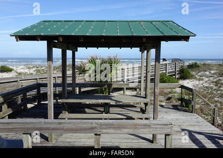 Picnic shelter, Smyrna Dunes Park. The boardwalk in the background leads to the beach on the Atlantic coast. Stock Photo