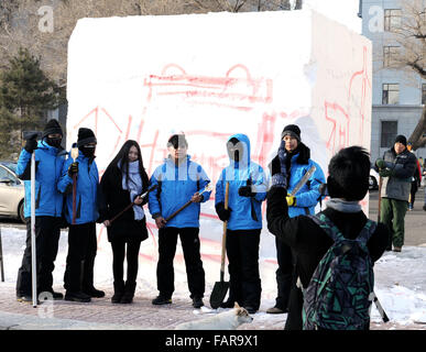 Harbin, China's Heilongjiang Province. 4th Jan, 2016. Contestants pose for a photo before working on their creations during the 8th International Snow Sculpture Contest for College Students in Harbin, capital of northeast China's Heilongjiang Province, Jan. 4, 2016. The contest attracted 64 teams from 9 countries and regions. Credit:  Wang Song/Xinhua/Alamy Live News Stock Photo