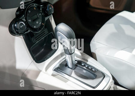 Car interior : Automatic transmission gear shift and air conditioning button inside car Stock Photo