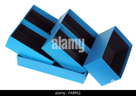 Packing gift cardboard boxes of alternative gentle blue color composition. With a black velvet inside. Isolated on white Stock Photo