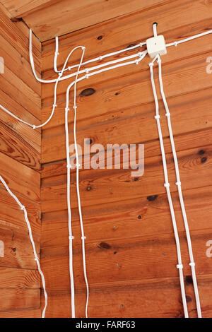 Fire dangerous electric white wires on a dry wooden wall of the rural house. Concept of ignoring of safety rules Stock Photo