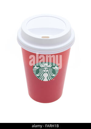 Starbucks Christmas 2015 red disposable coffee cup. Stock Photo