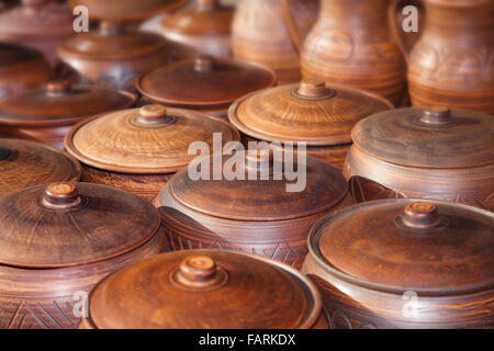 Many clay pots on the table Stock Photo