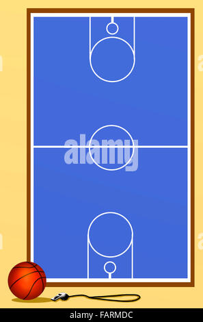 Background of Blue Basketball Court with Ball and Whistle Stock Photo