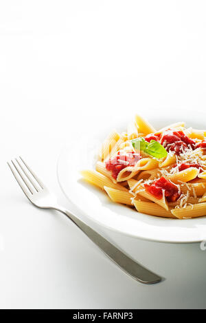 Plate of penne pasta with tomato sauce and parmesan cheese.