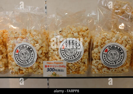 Barack Obama souvenir popcorn on sale in the Japanese city of Obama, Fukui Prefecture. Stock Photo